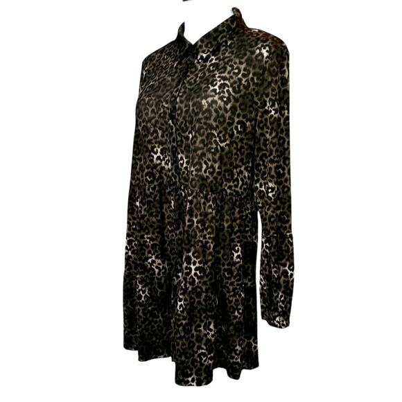 Style&Co Long Tunic Top Tiered Ruffle L Green Black Animal Print Cheetah Y2K‎ - Picture 2 of 7